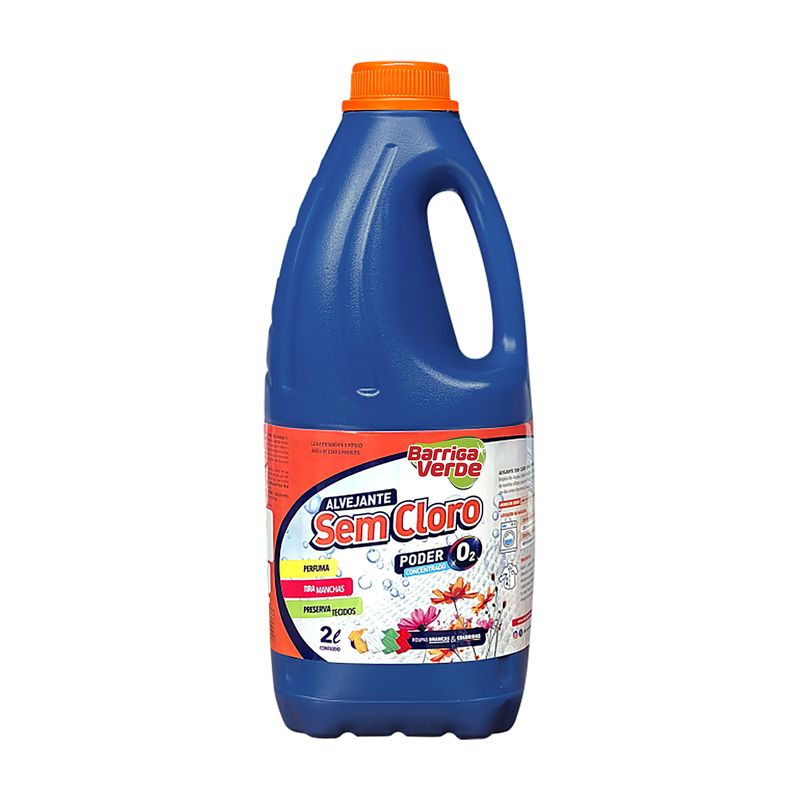 Frasco azul de 2 litros do Alvejante Sem Cloro Poder O₂ Barriga Verde