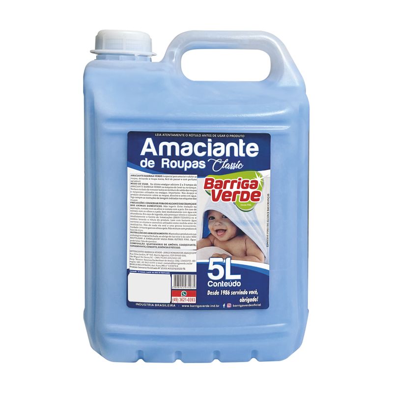 Galão azul de 5 litros do Amaciante de Roupas Classic Barriga Verde