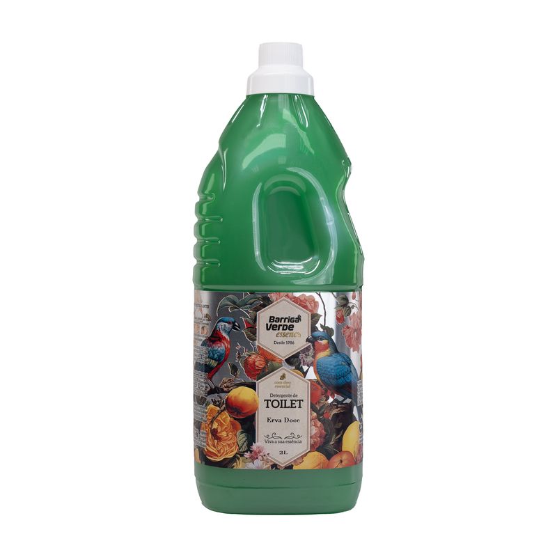 Frasco verde de 2 litros do Detergente de Toilette Barriga Verde, aroma Erva Doce