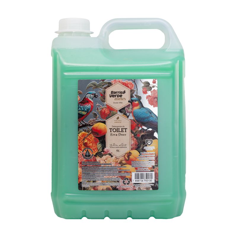 Galão verde de 5 litros do Detergente de Toilette Barriga Verde, aroma Erva Doce