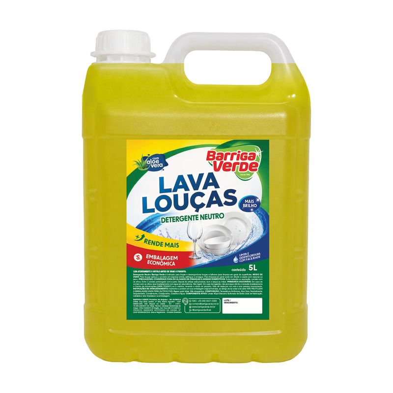 Galão amarelo de 5 litros do Detergente Neutro Lava Louças Barriga Verde